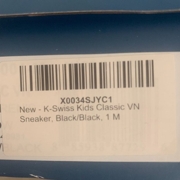 NWT K-SWISS KID'S CLASSIC VN LEATHER SNEAKERS BLACK/BLACK 1 M - Picture 7 of 8